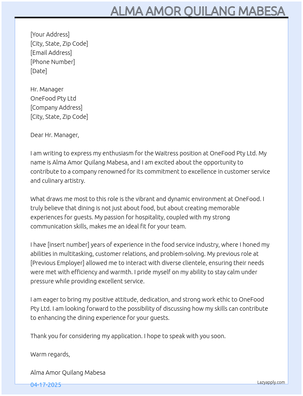 Waitress  At OneFood Pty Ltd Cover Letter