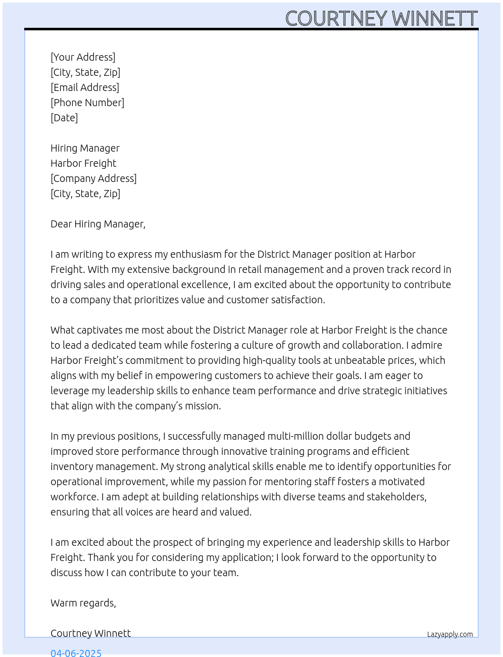 District Manager At Harbor Freight Cover Letter