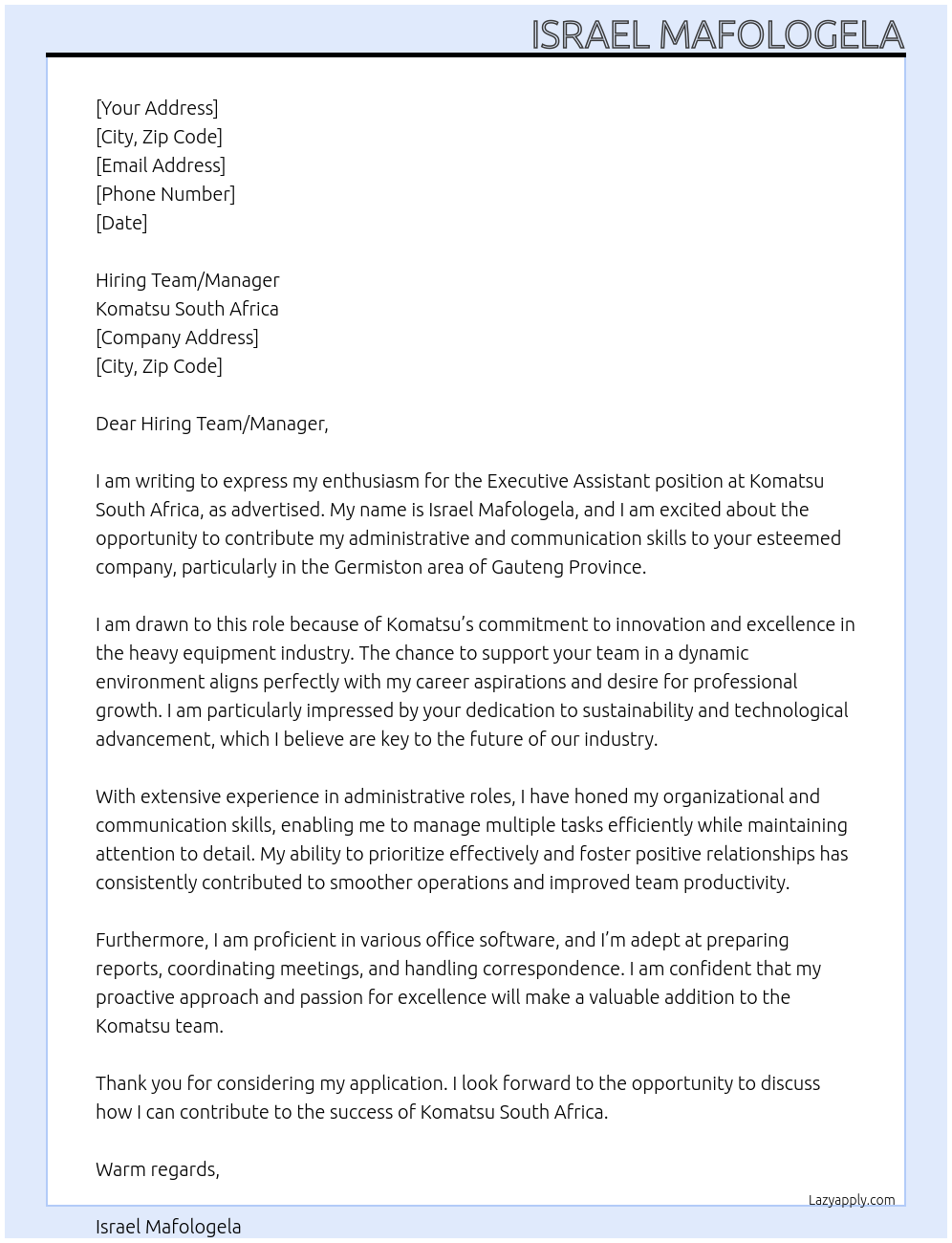 Executive Assistant At Komatsu South Africa Cover Letter