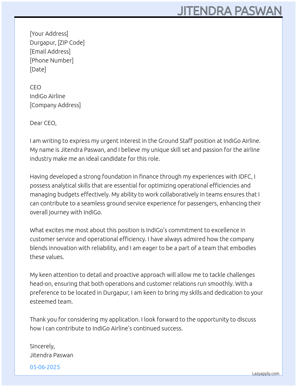 Ground staff At IndiGo airline Cover Letter