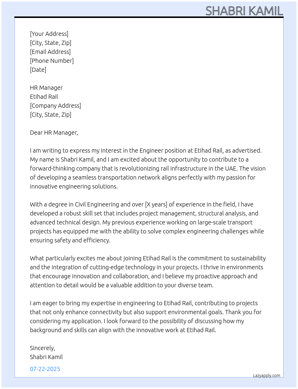 Engineer At Etihad Rail Cover Letter