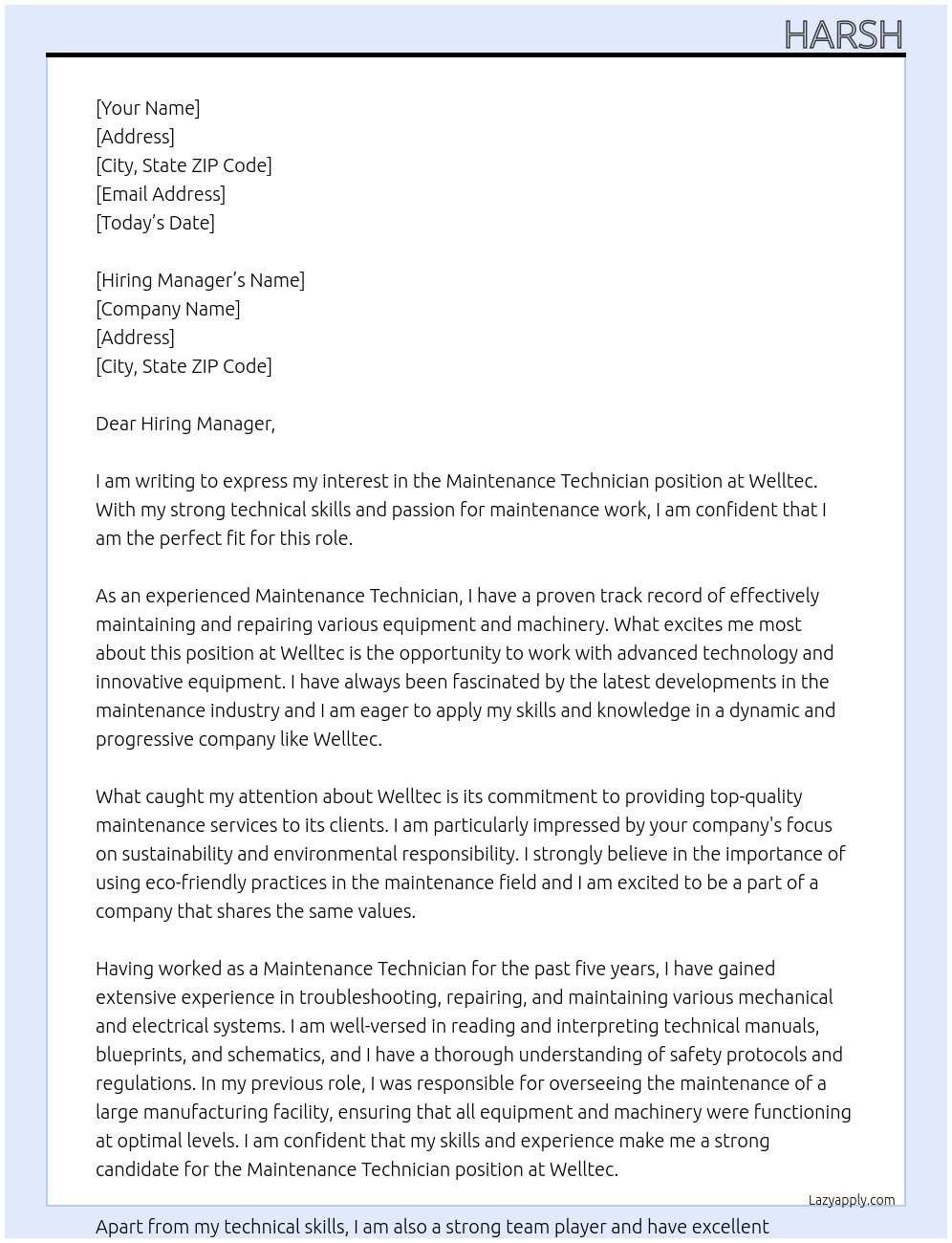 Maintenance Technician At Welltec Cover Letter