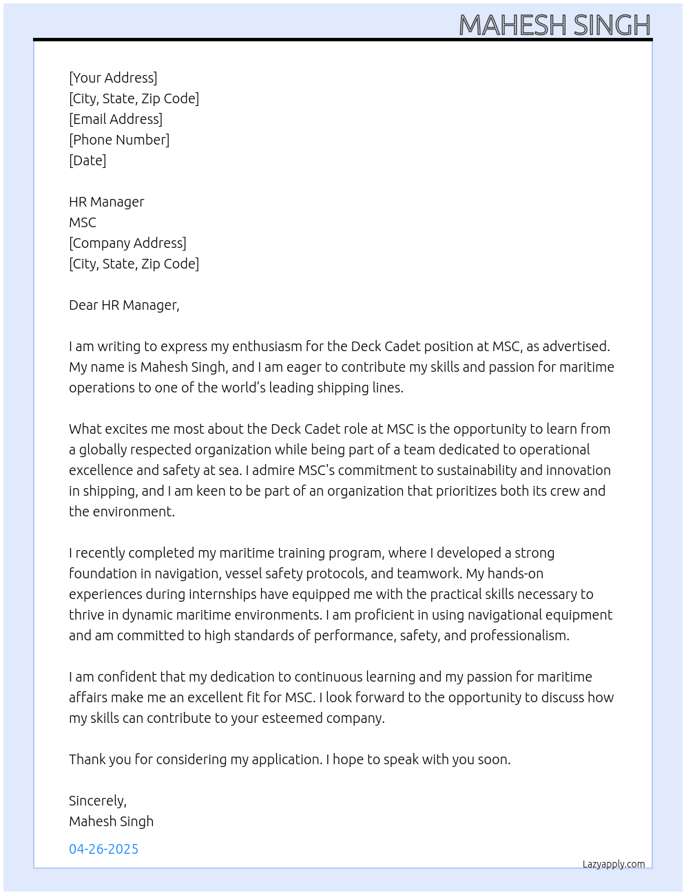 Cover letter for deck cadet - LazyApply