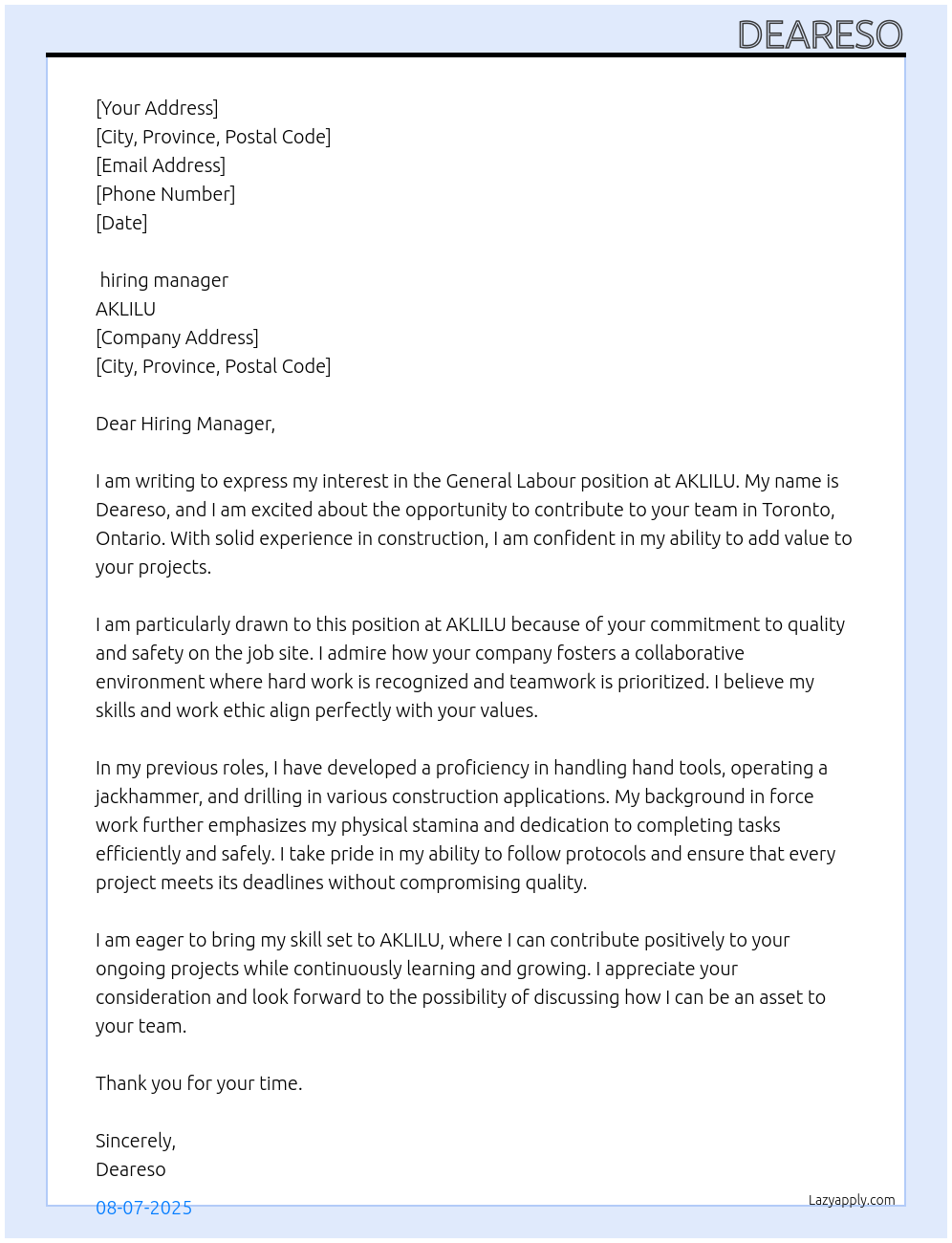 Cover letter for general labour - LazyApply
