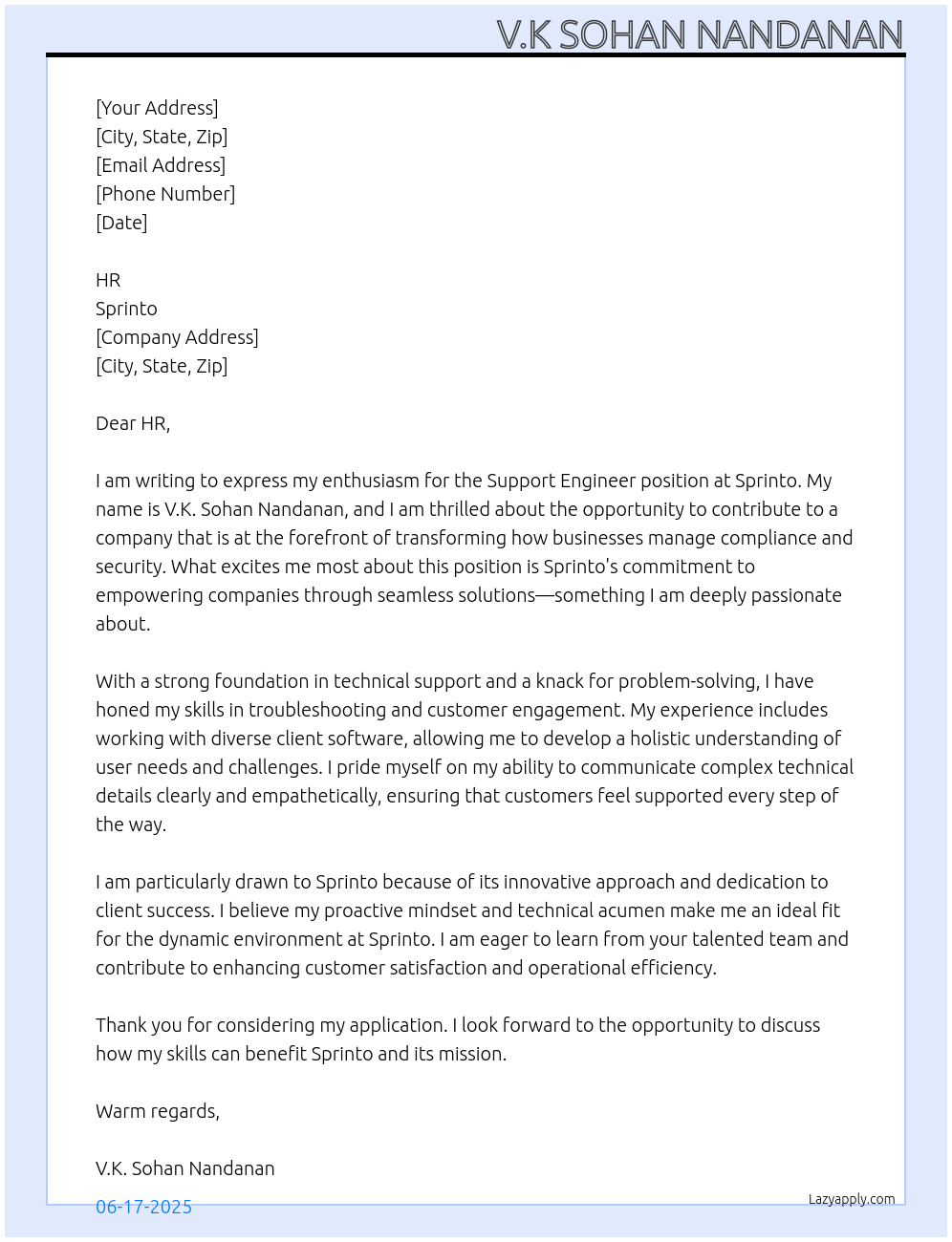 Cover letter for support engineer - LazyApply