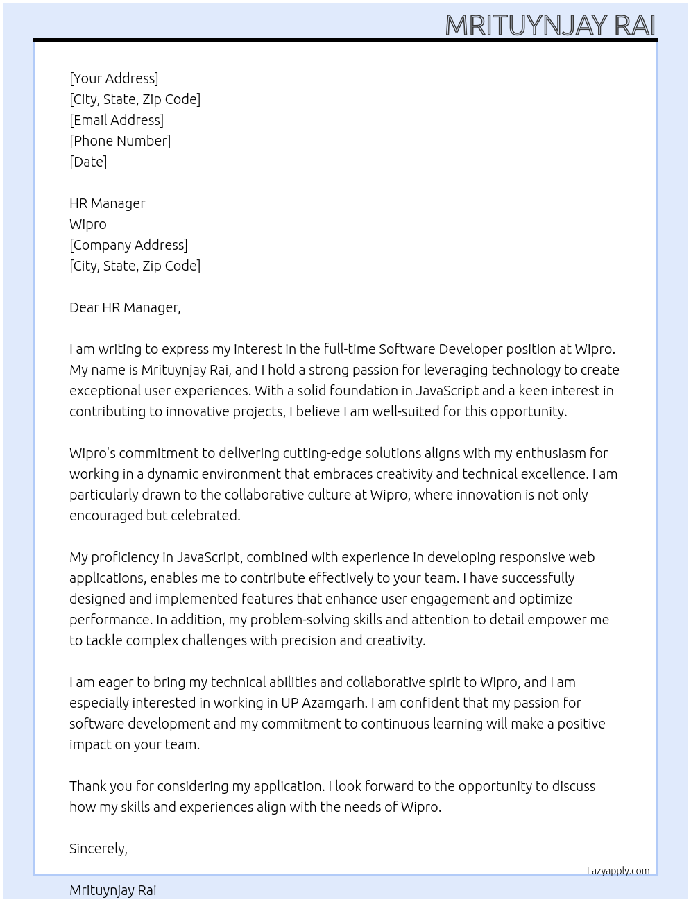 Software developer At Wipro Cover Letter