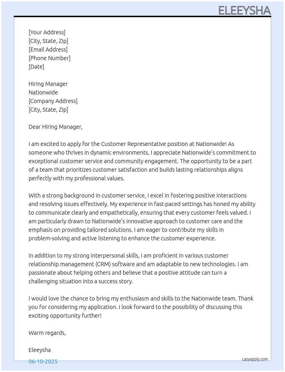Cover letter for customer representative - LazyApply