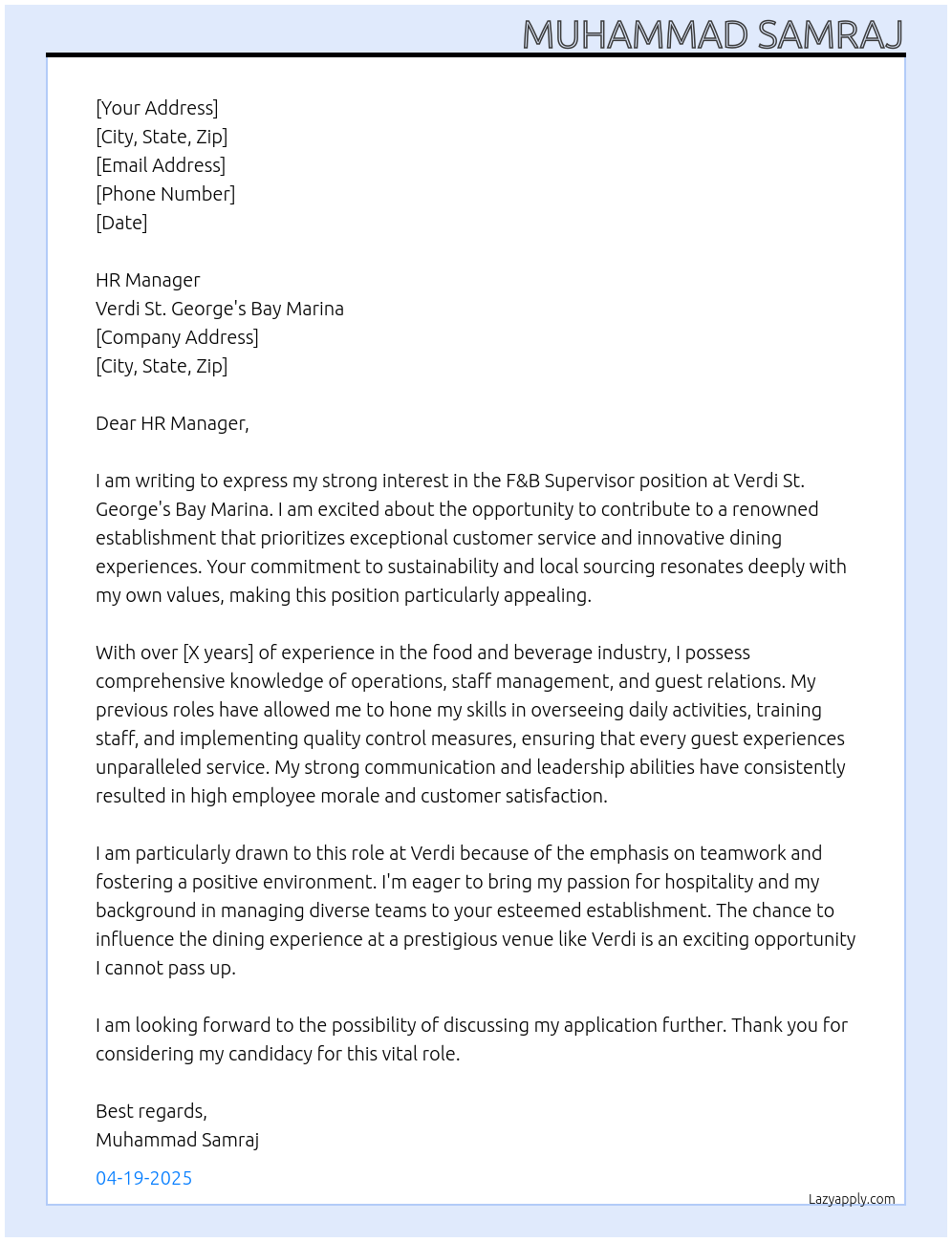 F&B Supervisor At Verdi St. George's Bay Marina Cover Letter