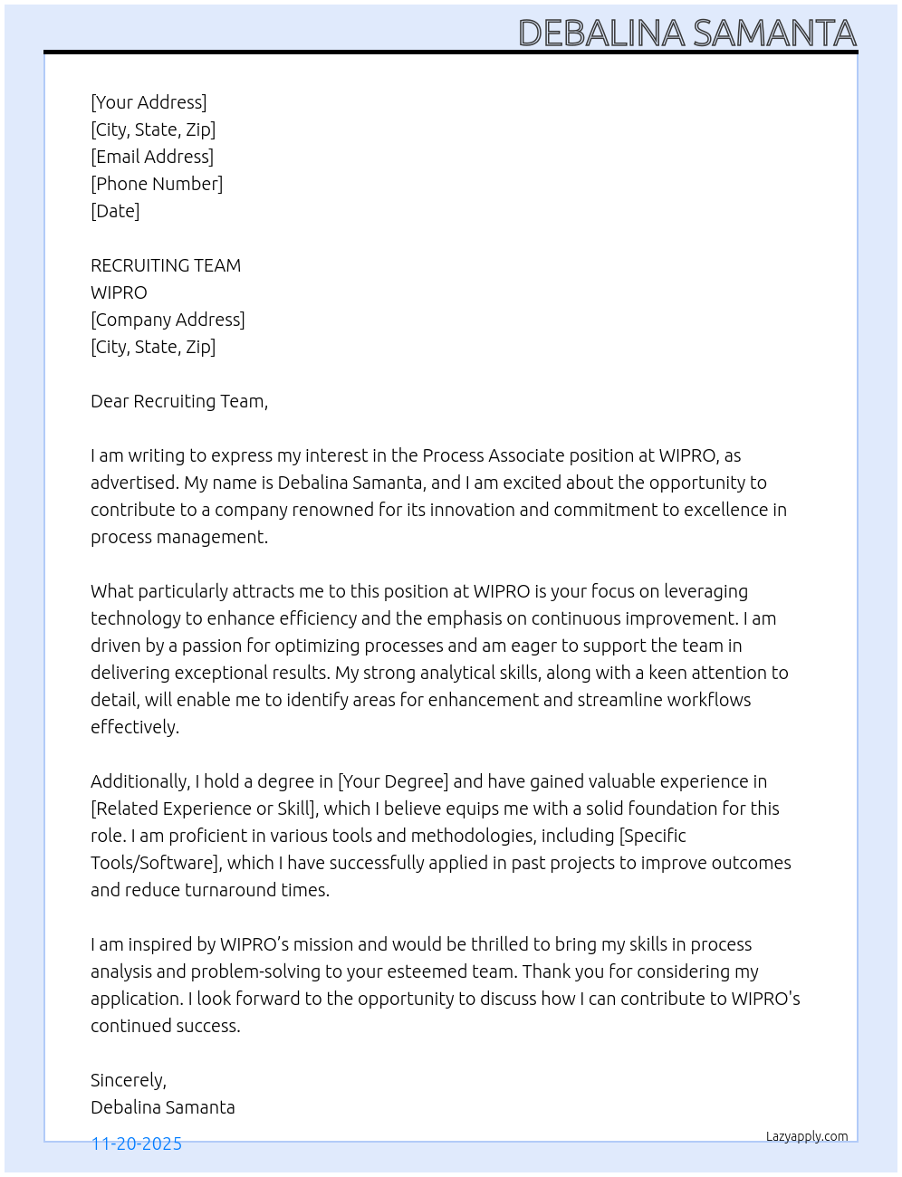 PROCESS ASSOCIATE At WIPRO Cover Letter