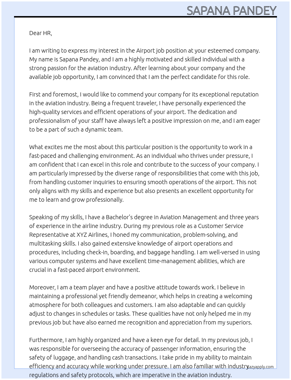 Airport job At Airport  Cover Letter