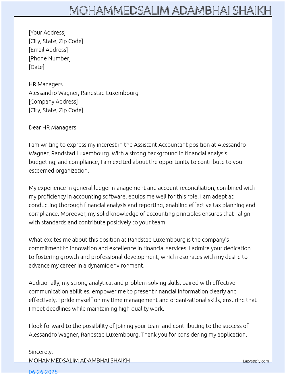 Assistant Accountant At alessandro wagner, randstad luxembourg Cover Letter
