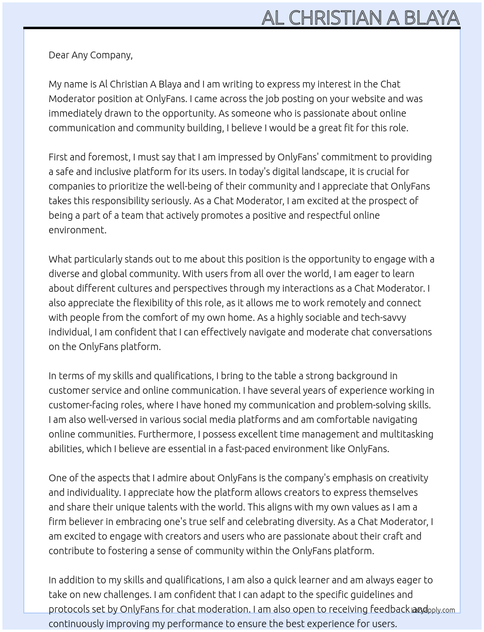 Chat Moderator At OnlyFans Cover Letter