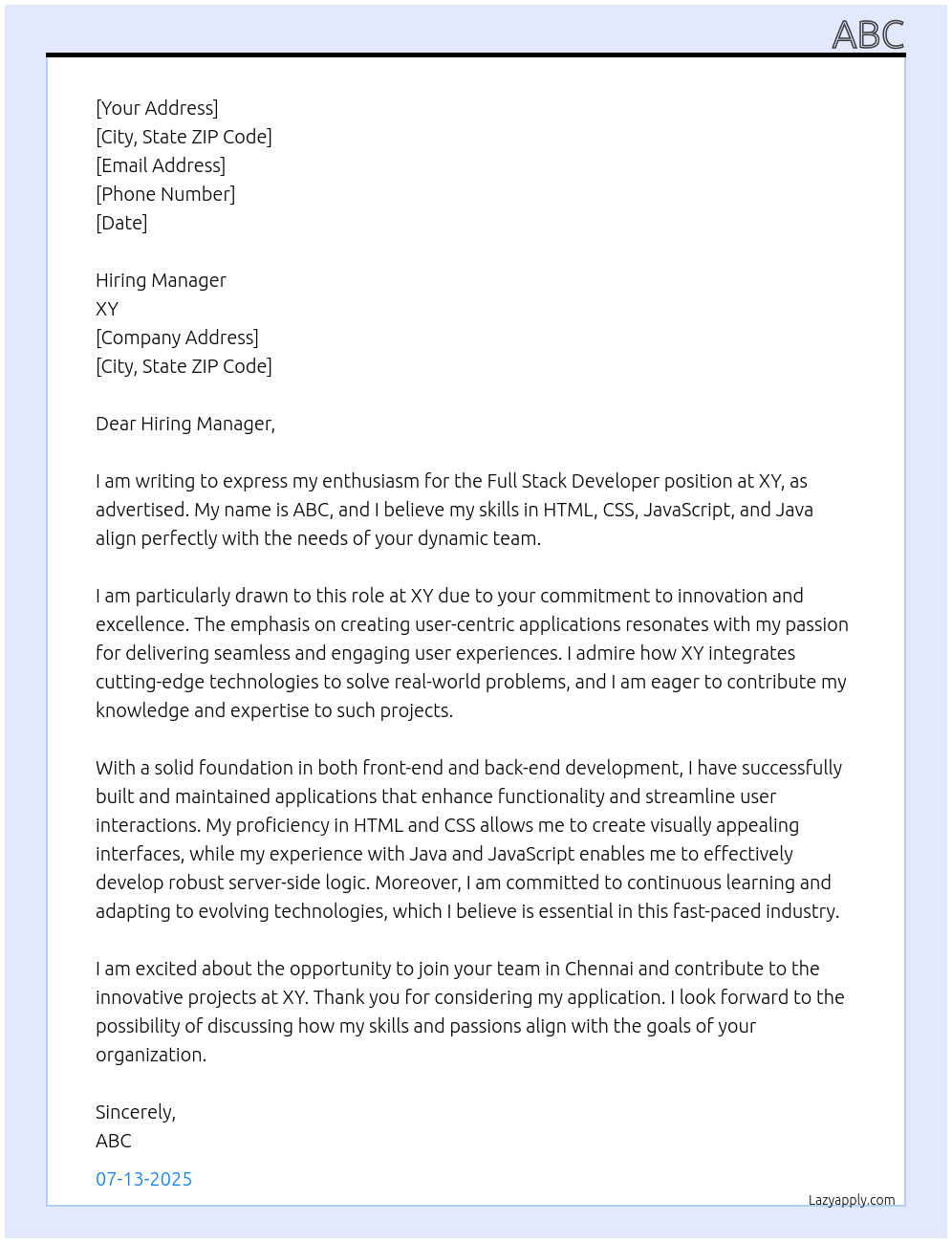 FULL STACK DEVELOPER At XY Cover Letter