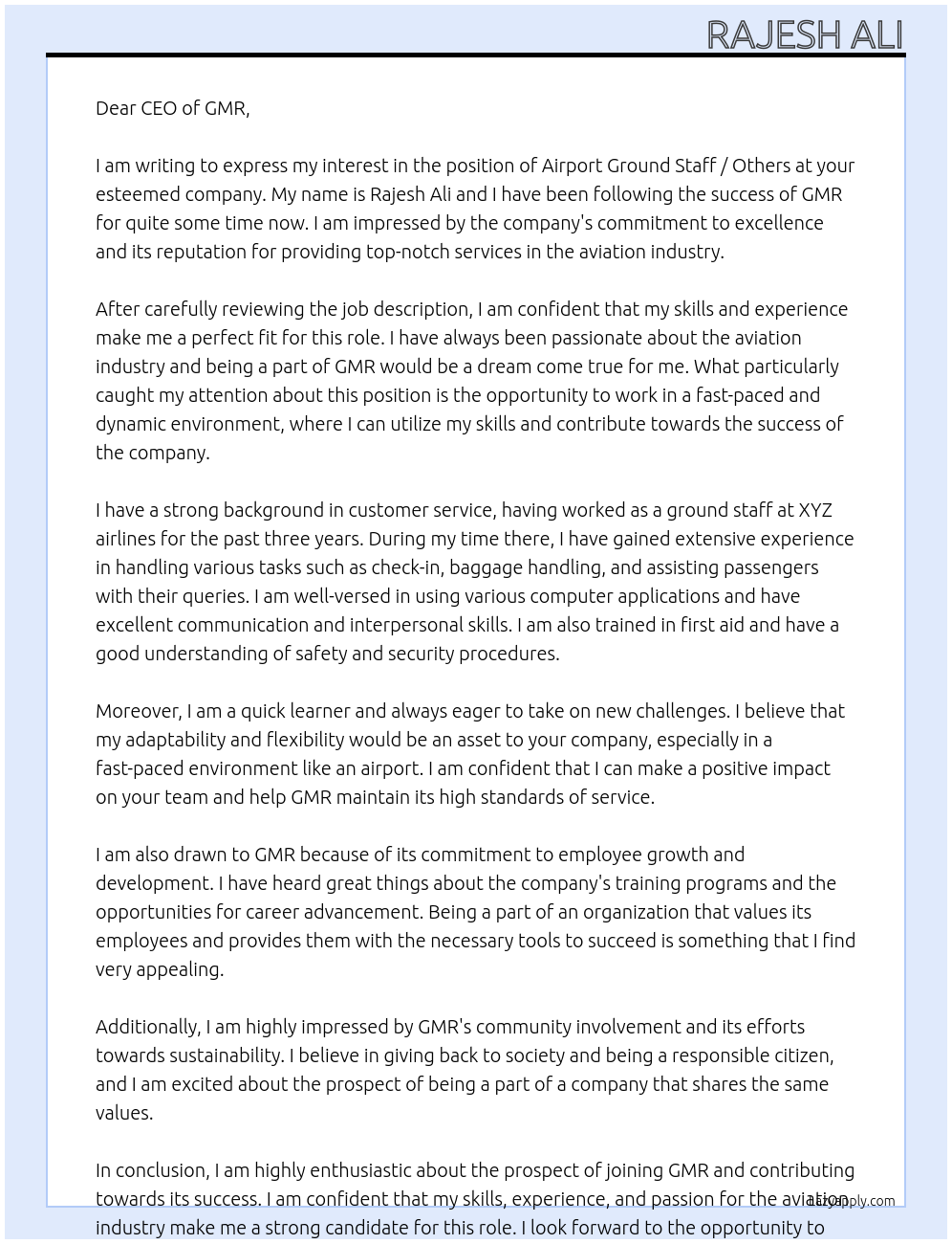 Air port Ground Staff / Others At GMR Cover Letter