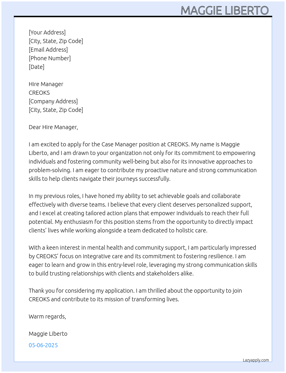 Case Manager At CREOKS Cover Letter