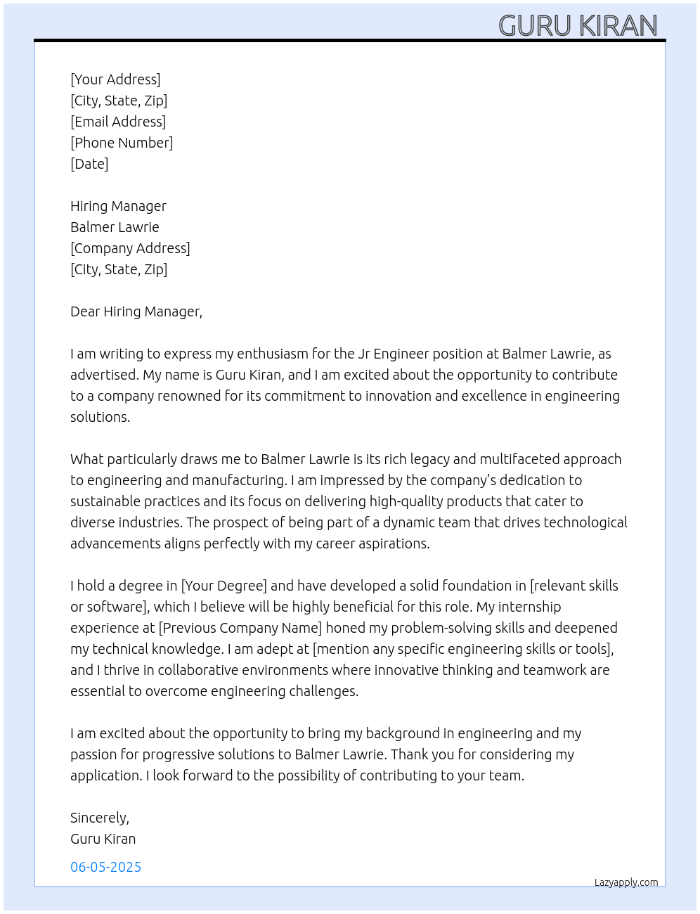 Jr Engineer  At Balmer Lawrie  Cover Letter