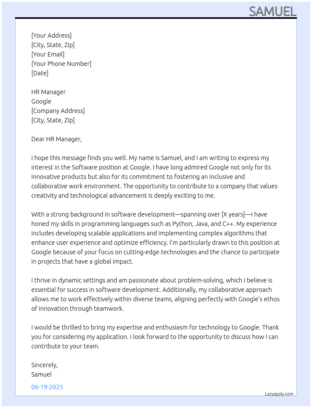 software At google Cover Letter
