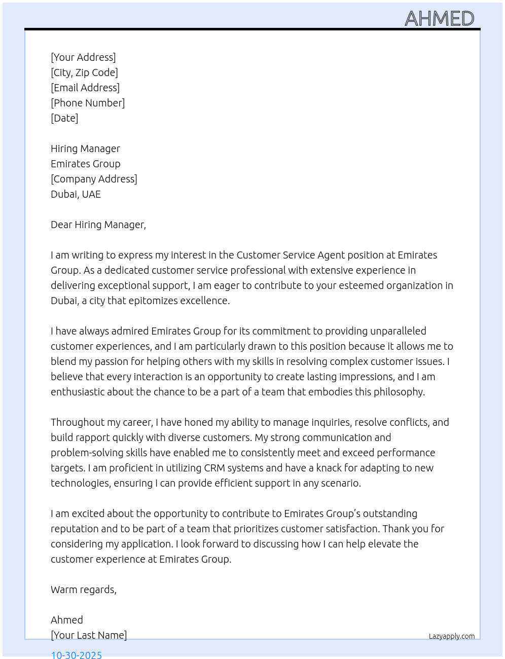 Customer service agent  At Emirates group Cover Letter