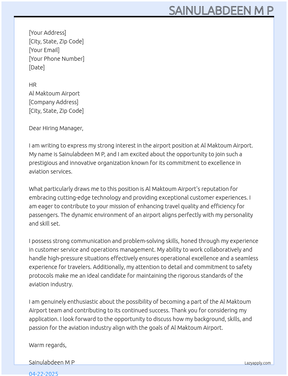 Airport job At AL MAKTOUM AIRPORT Cover Letter