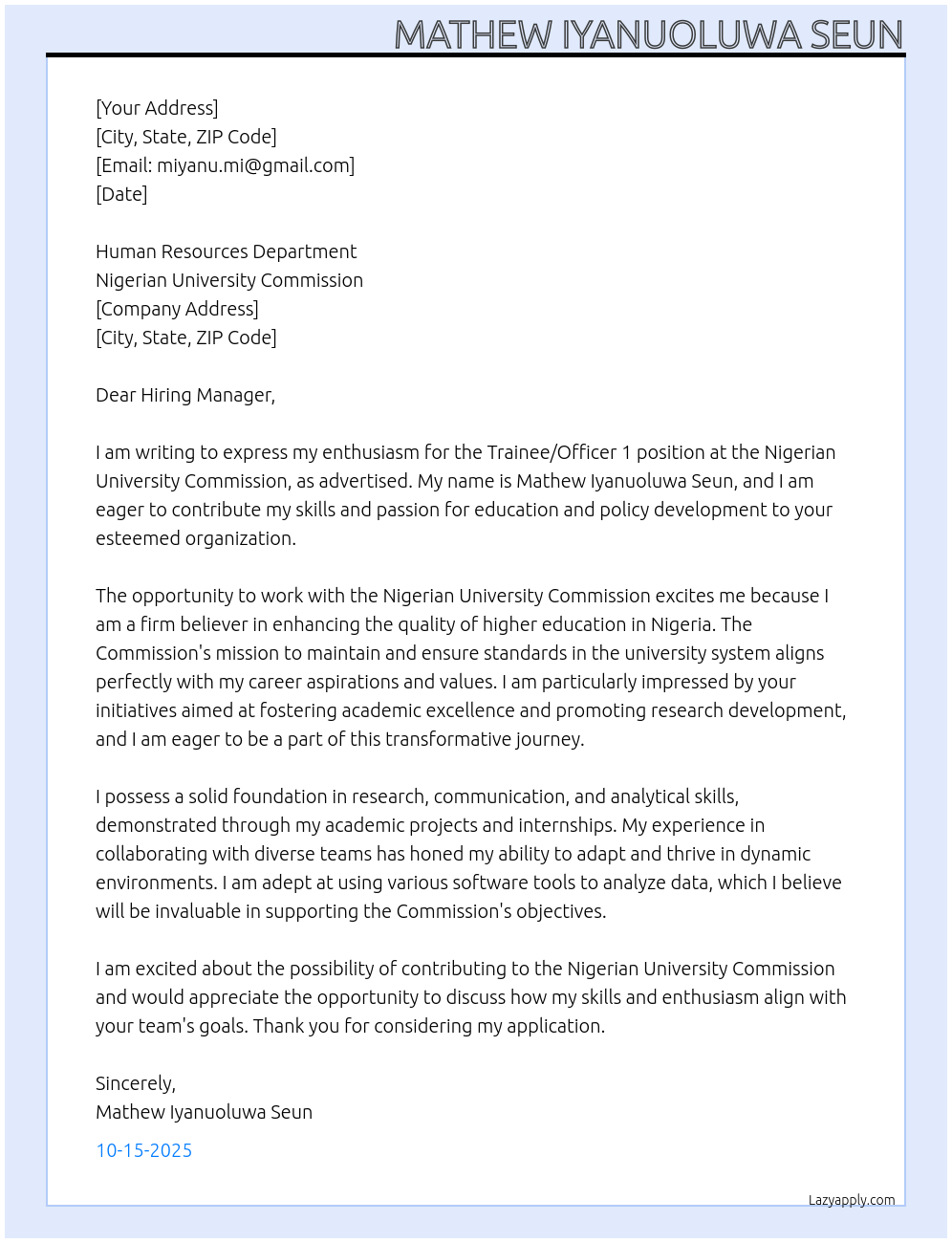 Trainee/Officer 1 At Nigerian University Commission Cover Letter