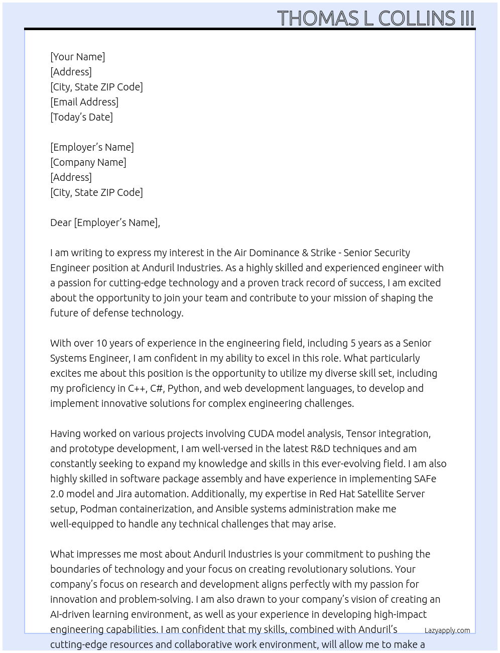 Cover letter for air dominance & strike - senior security engineer - LazyApply