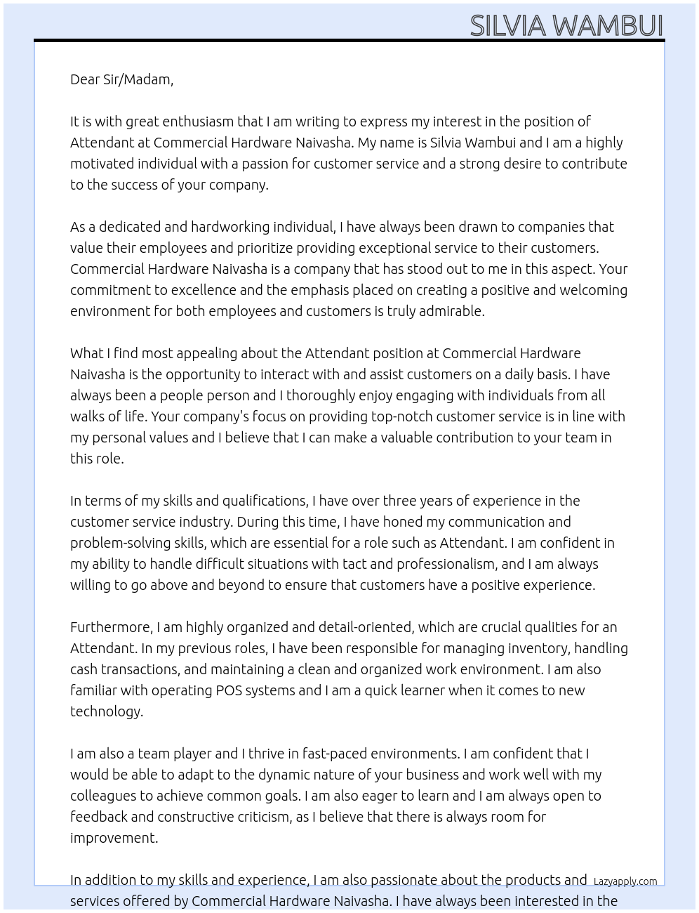 Attendant  At Commercial Hardware Naivasha  Cover Letter