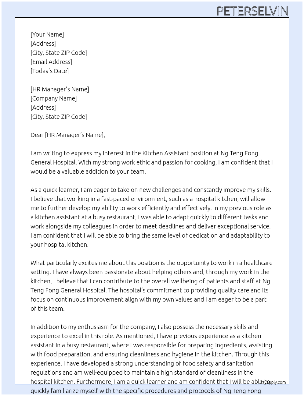 Kitchen assistant At Ng Teng Fong General Hospital Cover Letter