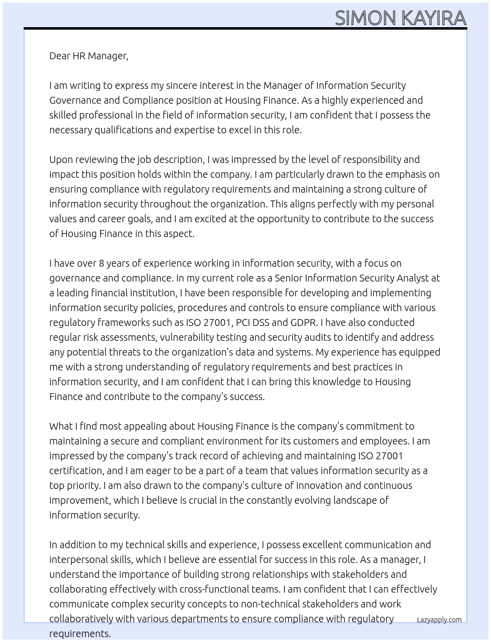 Cover letter for manager information security governance and compliance - LazyApply