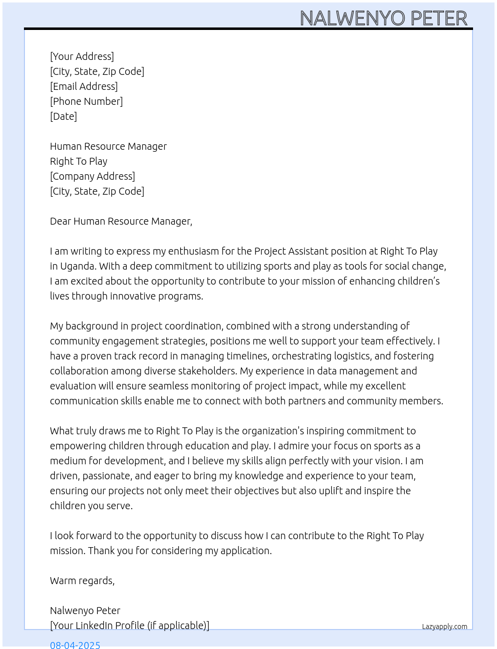 Project assistant  At Right To Play  Cover Letter