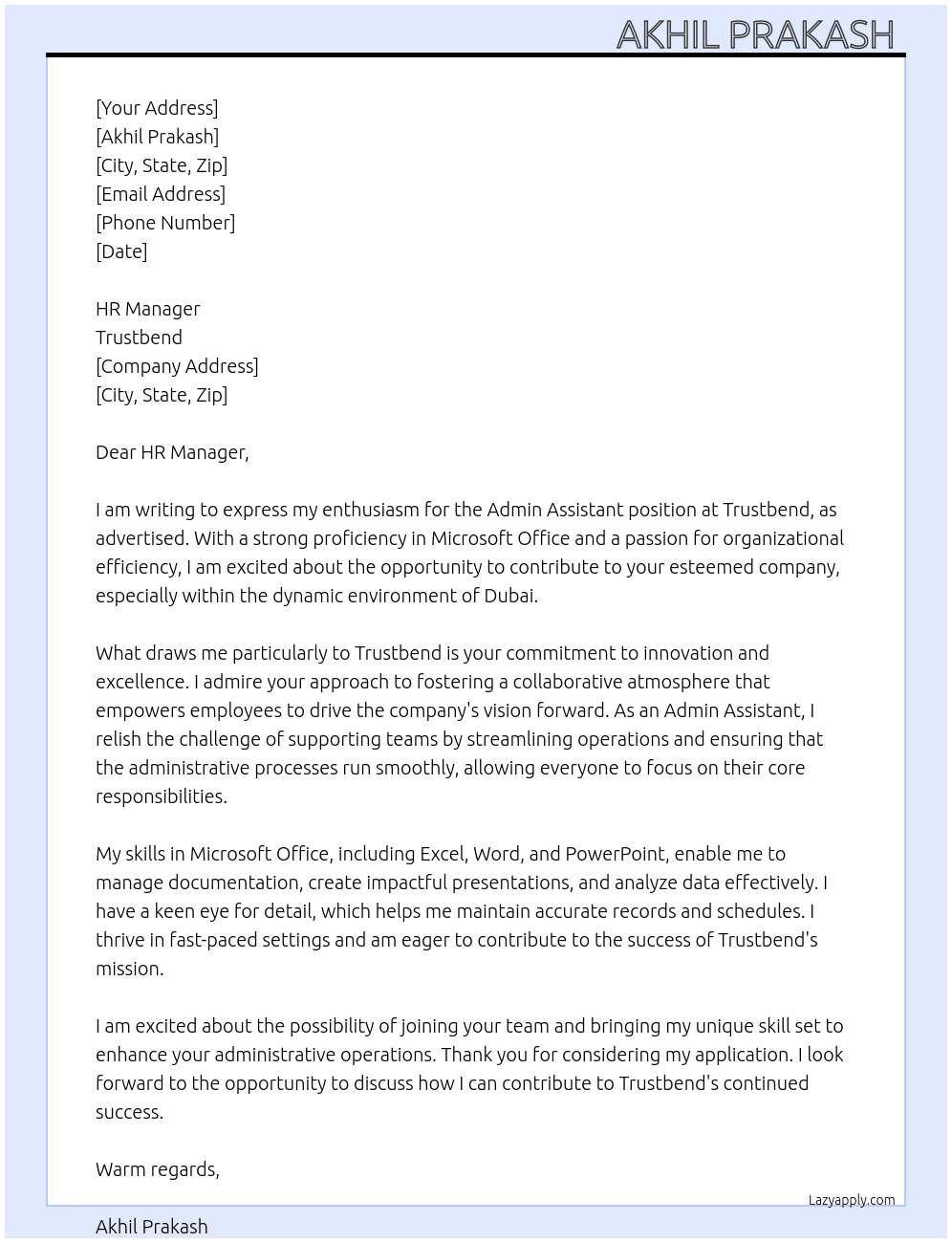 Admin Assistant At Trustbend Cover Letter