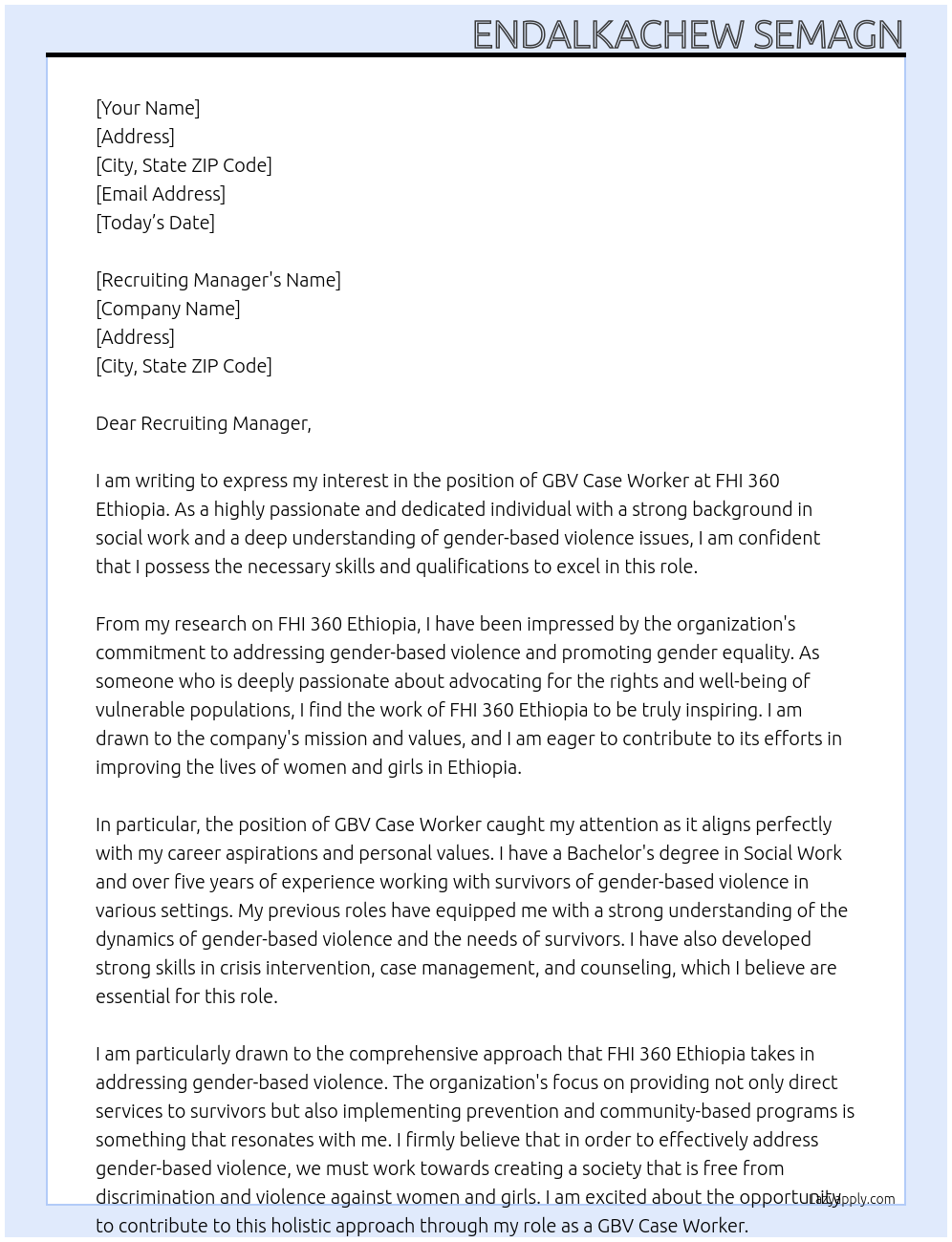 GBV case worker At FHI 360 Ethiopia Cover Letter