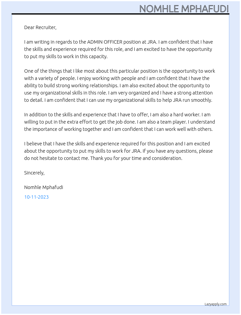 ADMIN OFFICER At JRA Cover Letter