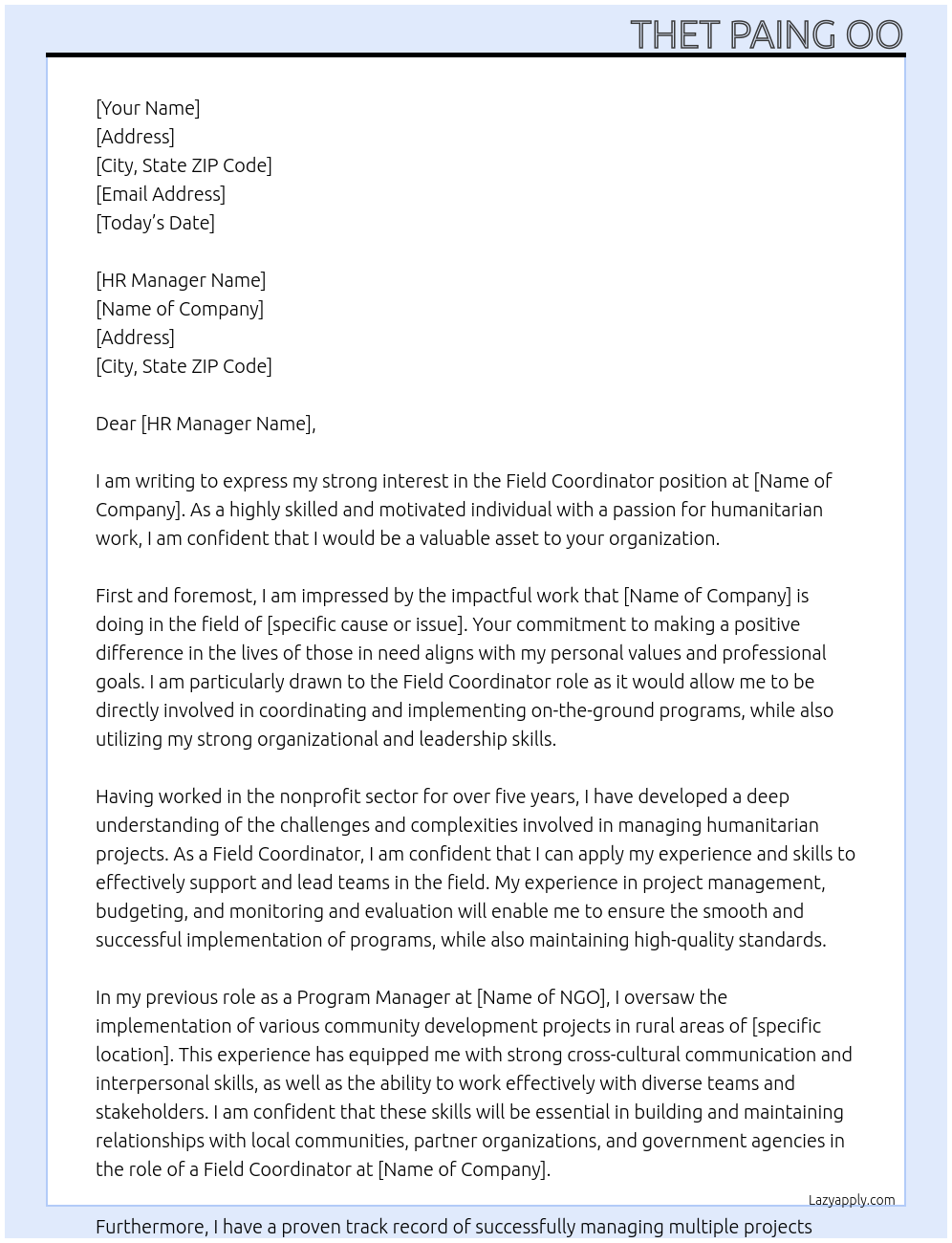 Field Coordinator At NGO Cover Letter