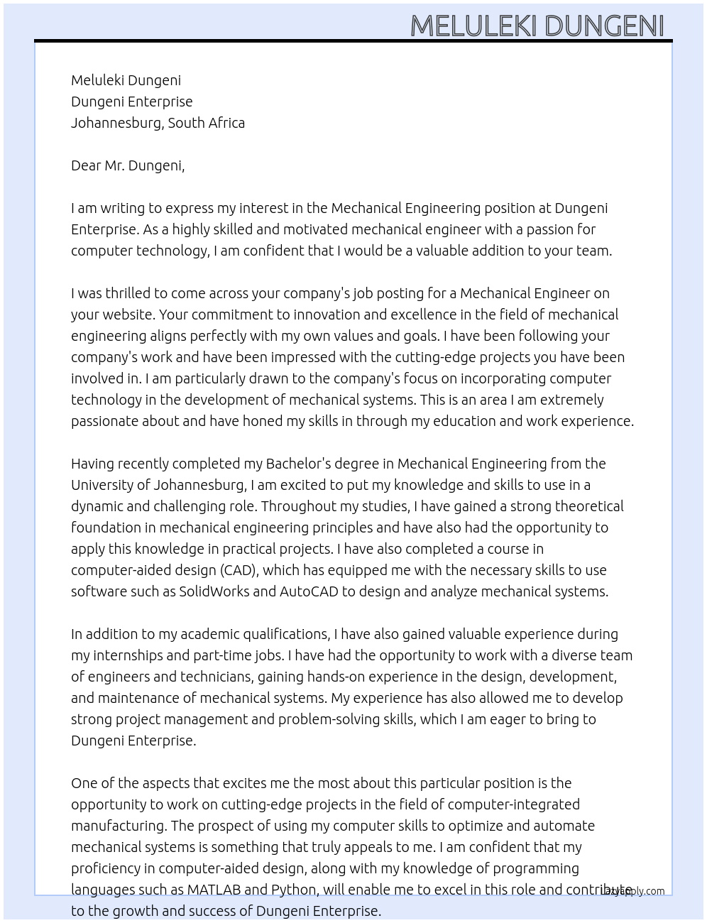 Mechanical engineering At Dungeni Enterprise Cover Letter