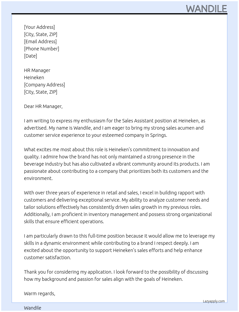 Sales Assistant At Heineken Cover Letter