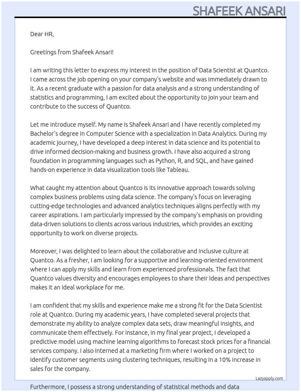 Cover letter for data scientist[fresher] - LazyApply