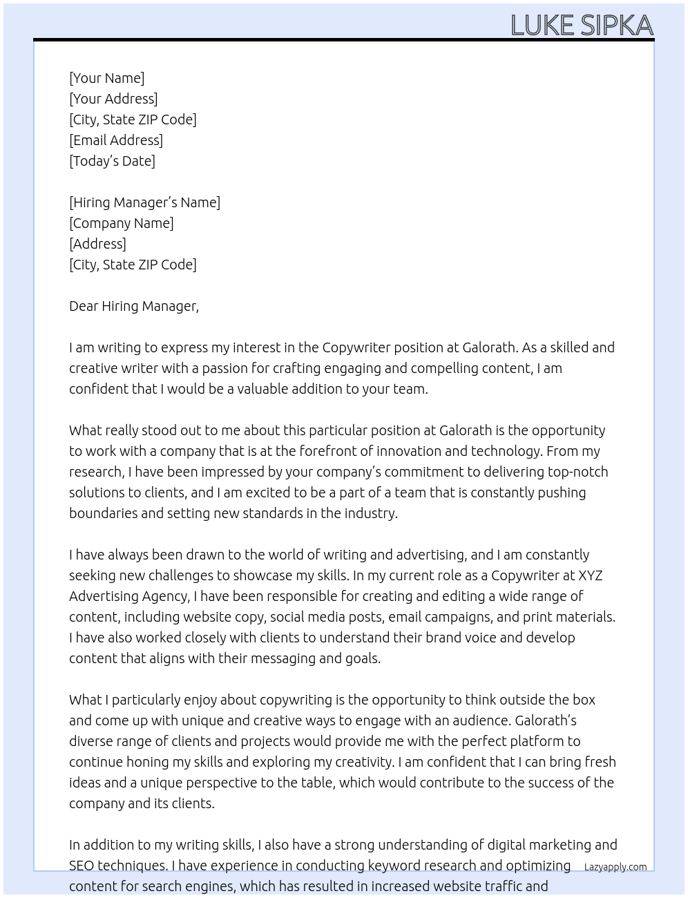 Copywriter At Galorath Cover Letter