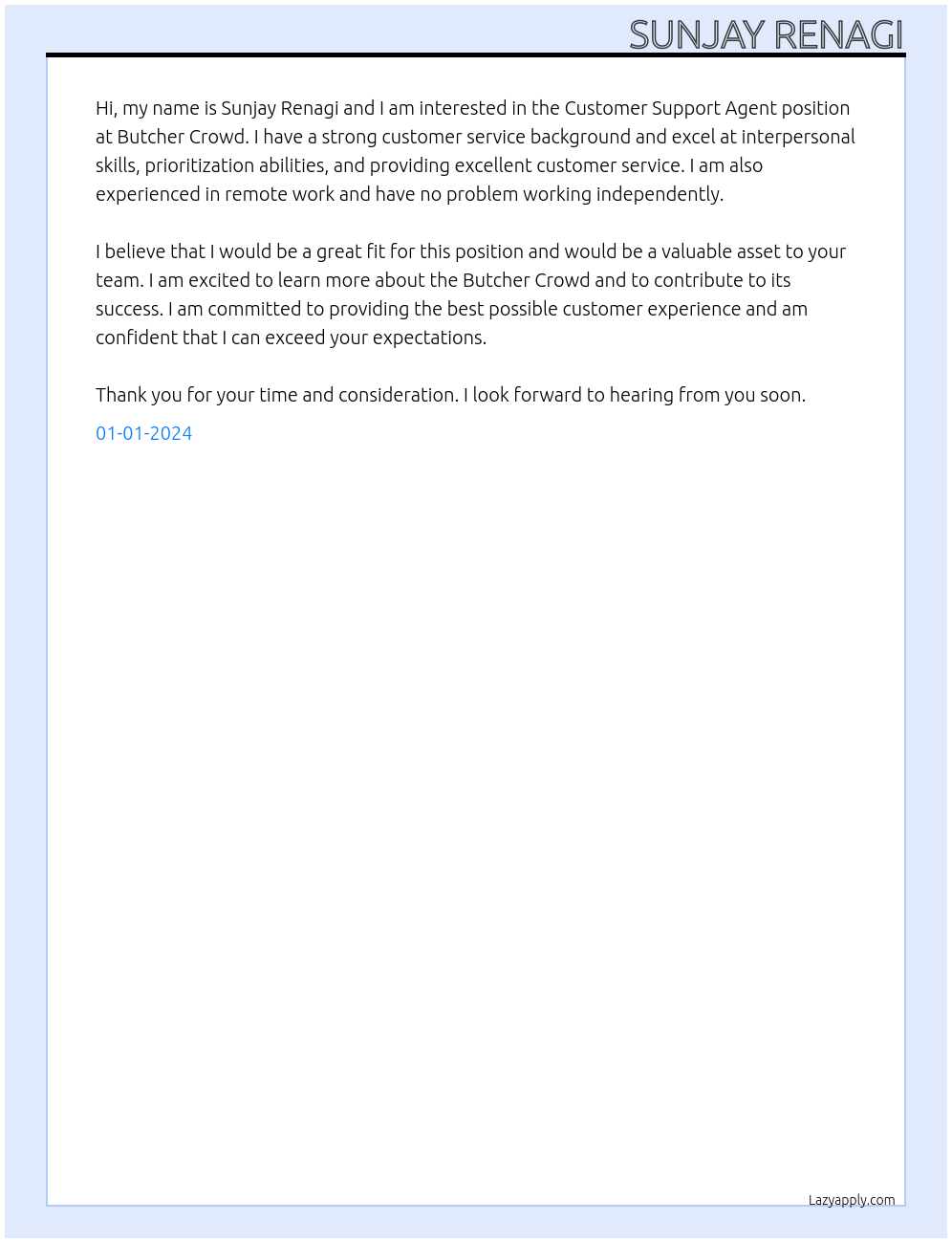 Customer Support Agent At Butcher Crowd Cover Letter