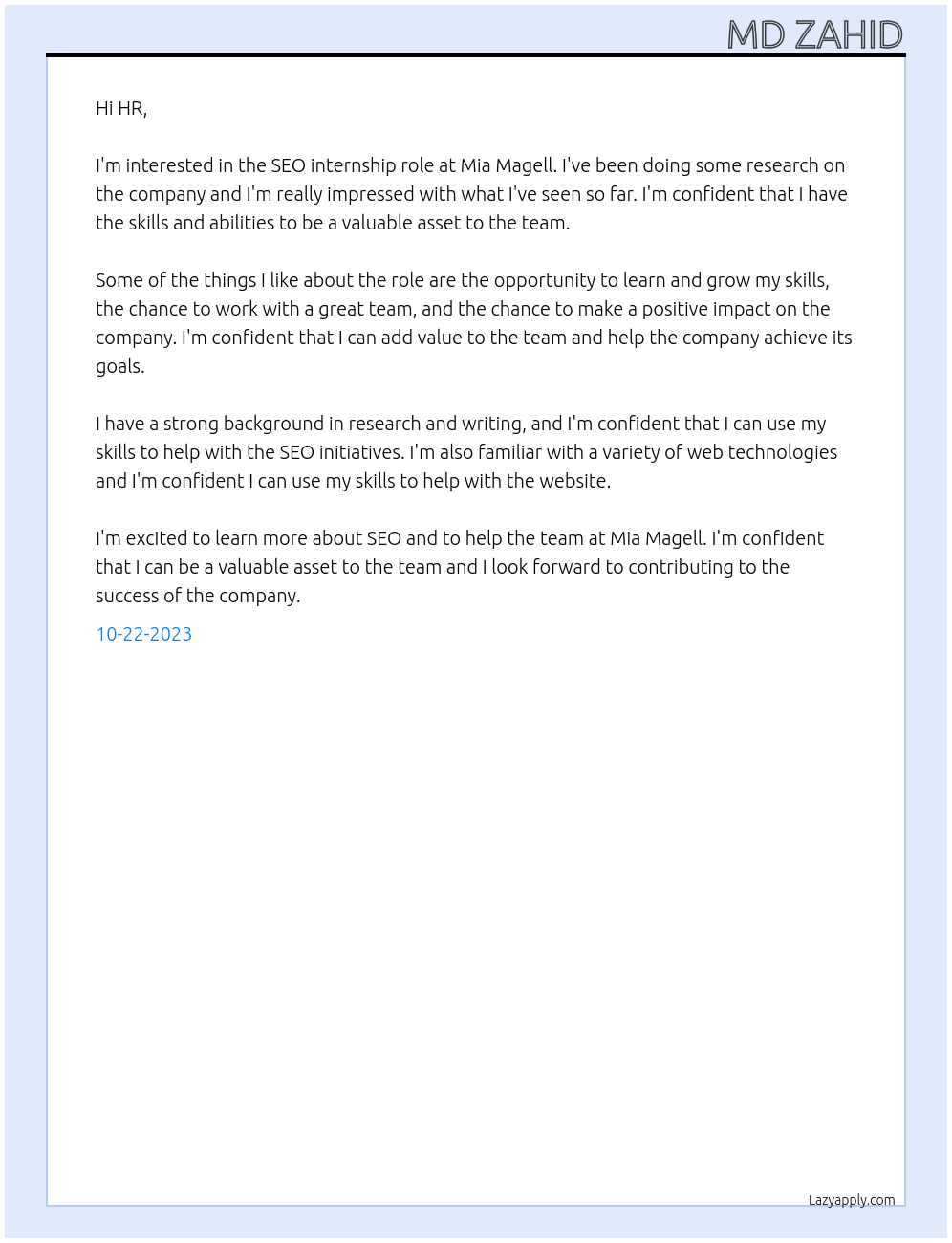 SEO At Mia Magell Cover Letter