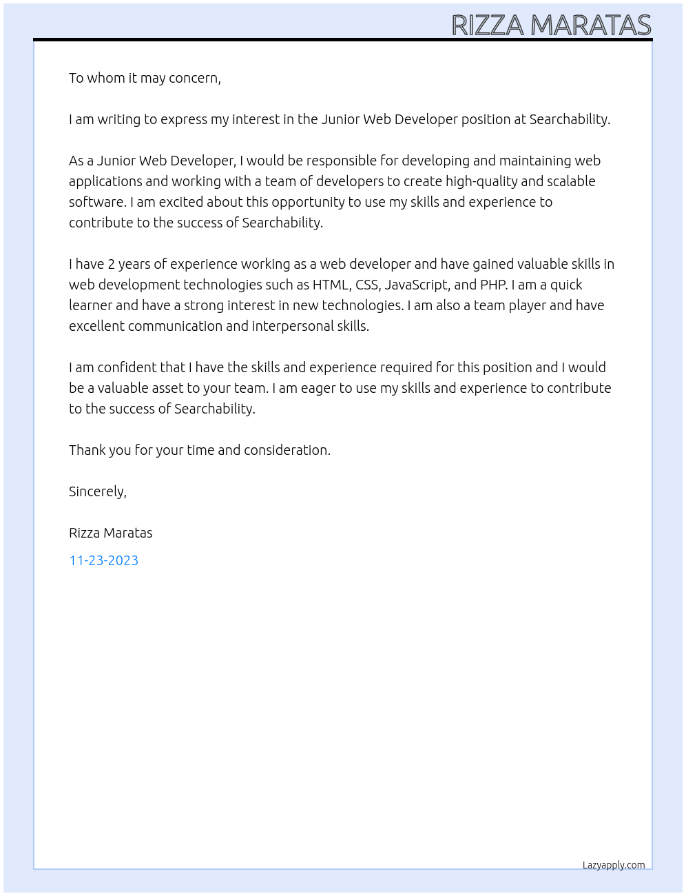 Junior Web Developer At Searchability Cover Letter