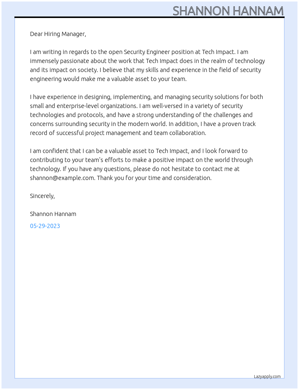 Security Engineer At Tech Impact Cover Letter
