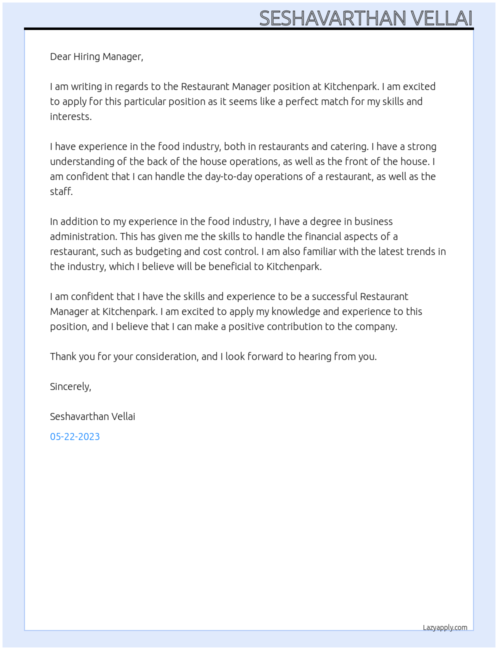 Restaurant Manager At Kitchenpark Cover Letter