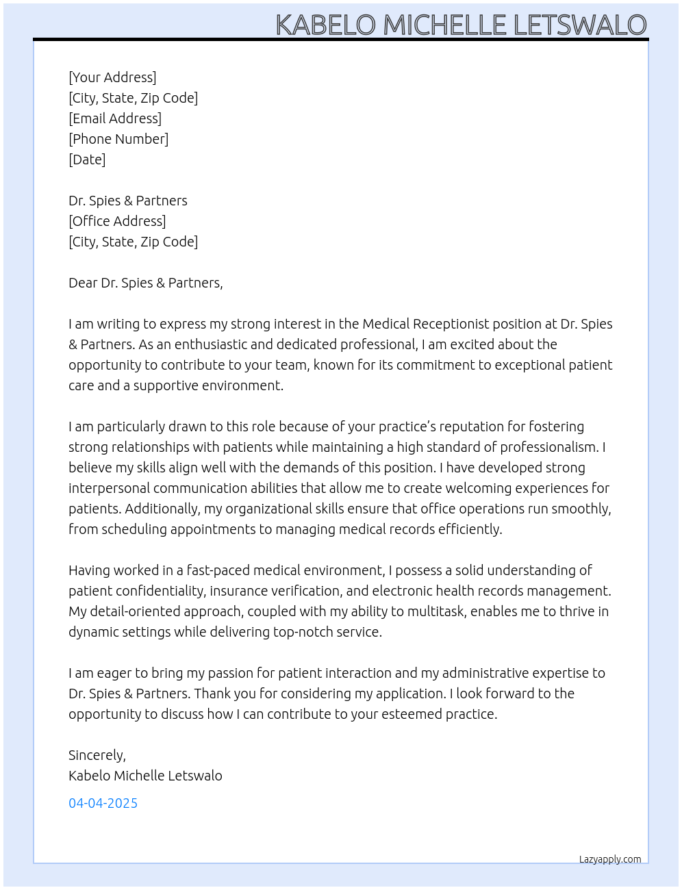 Medical Receptionist At Dr Spies & Partners Cover Letter