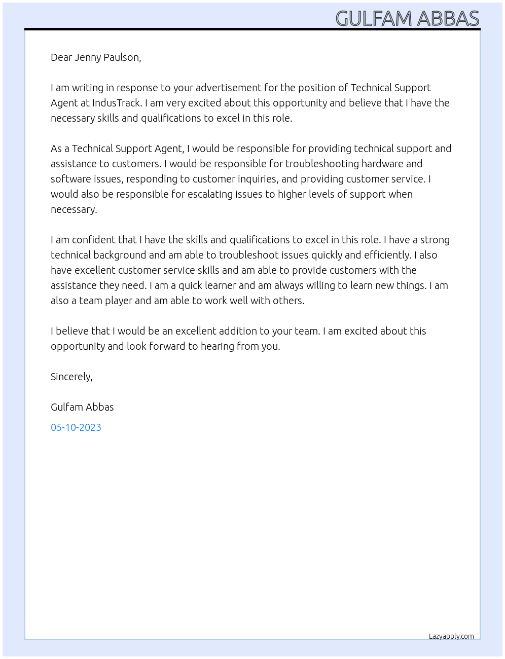 Technical Support Agent At IndusTrack Cover Letter