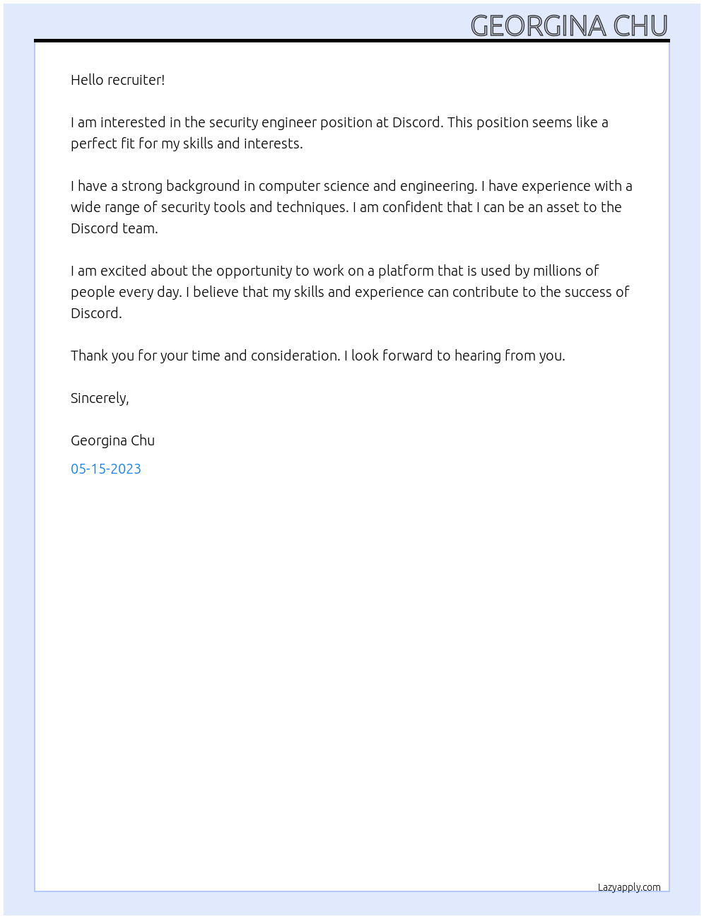 Security Engineer At Discord Cover Letter