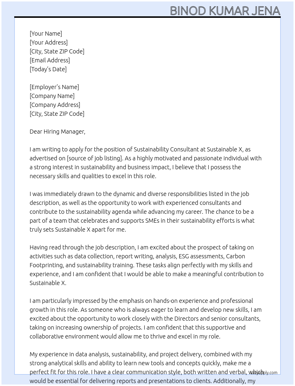 Sustainability consultant At Sustainability X Cover Letter
