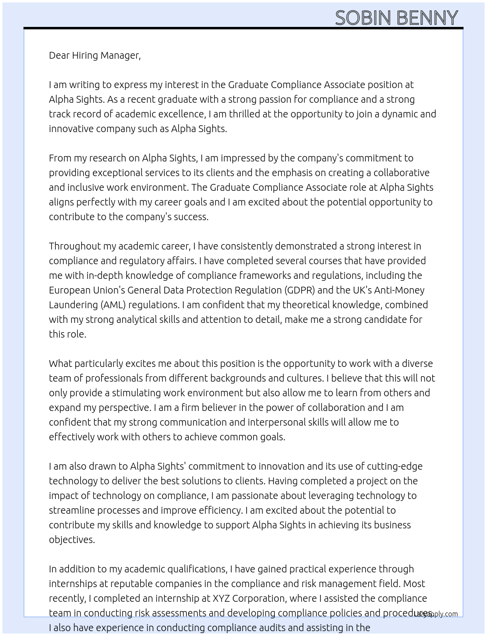 Graduate Compliance Associate At Alpha Sights Cover Letter