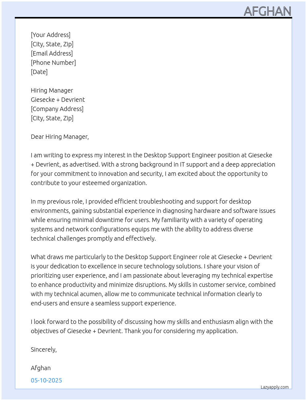 desktop support engineer At Giesecke + Devrient Cover Letter