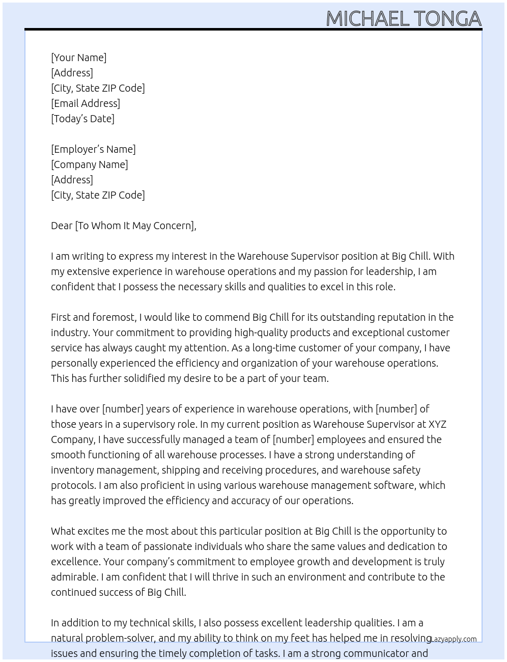 Warehouse Supervisor  At Big Chill Cover Letter