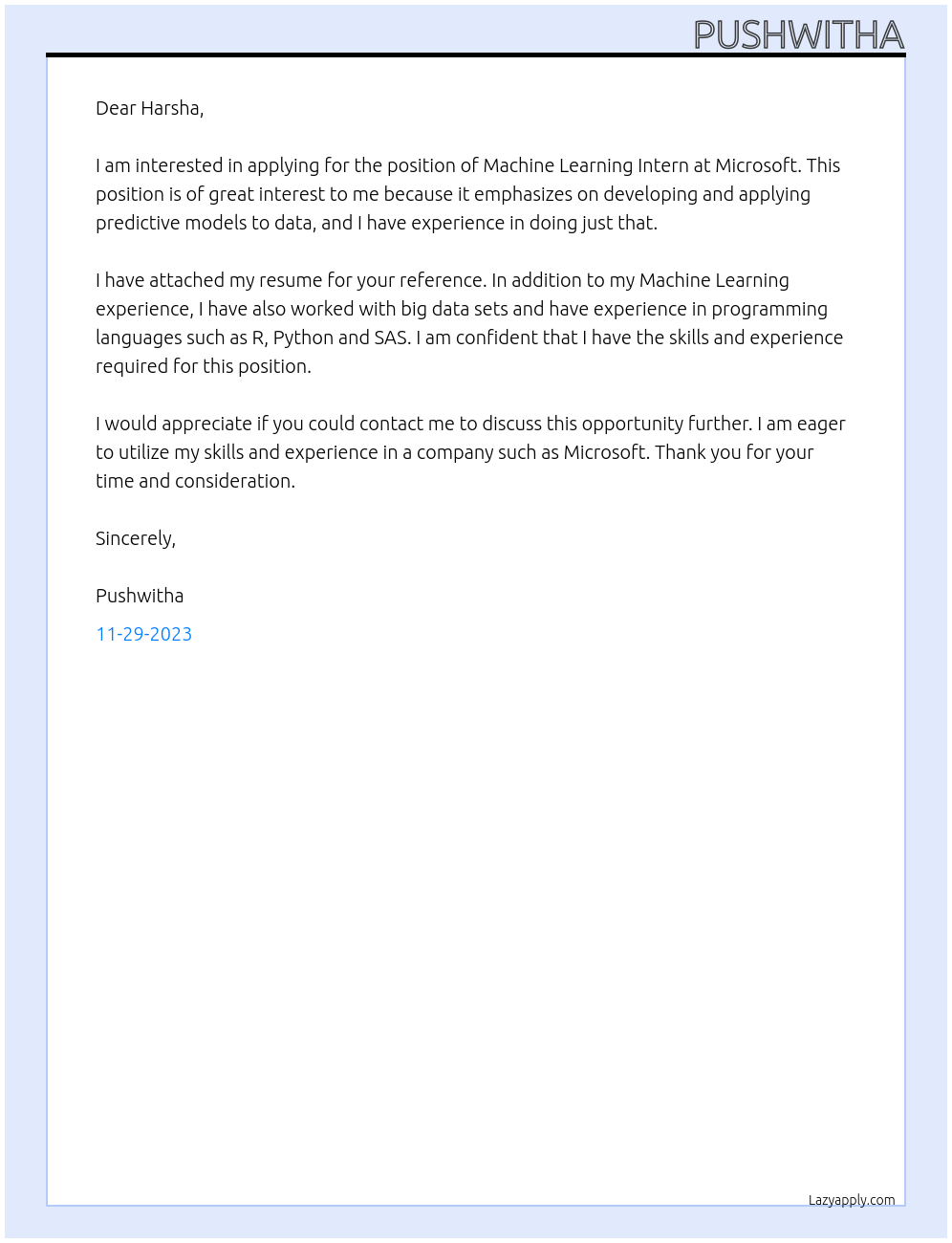 Machine Learning Intern At Microsoft Cover Letter